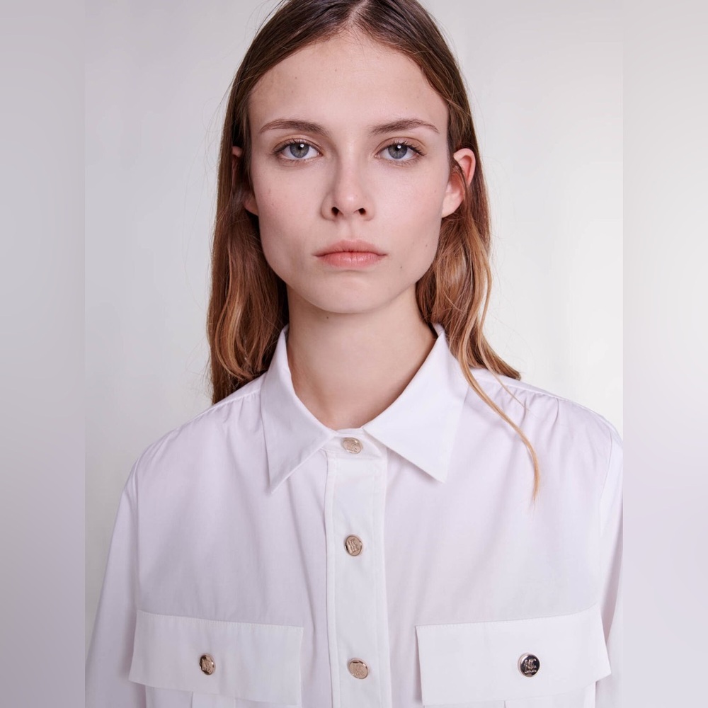 Maje Carlita Cropped Cotton Shirt in White, Size M (2) - Picture 3 of 15